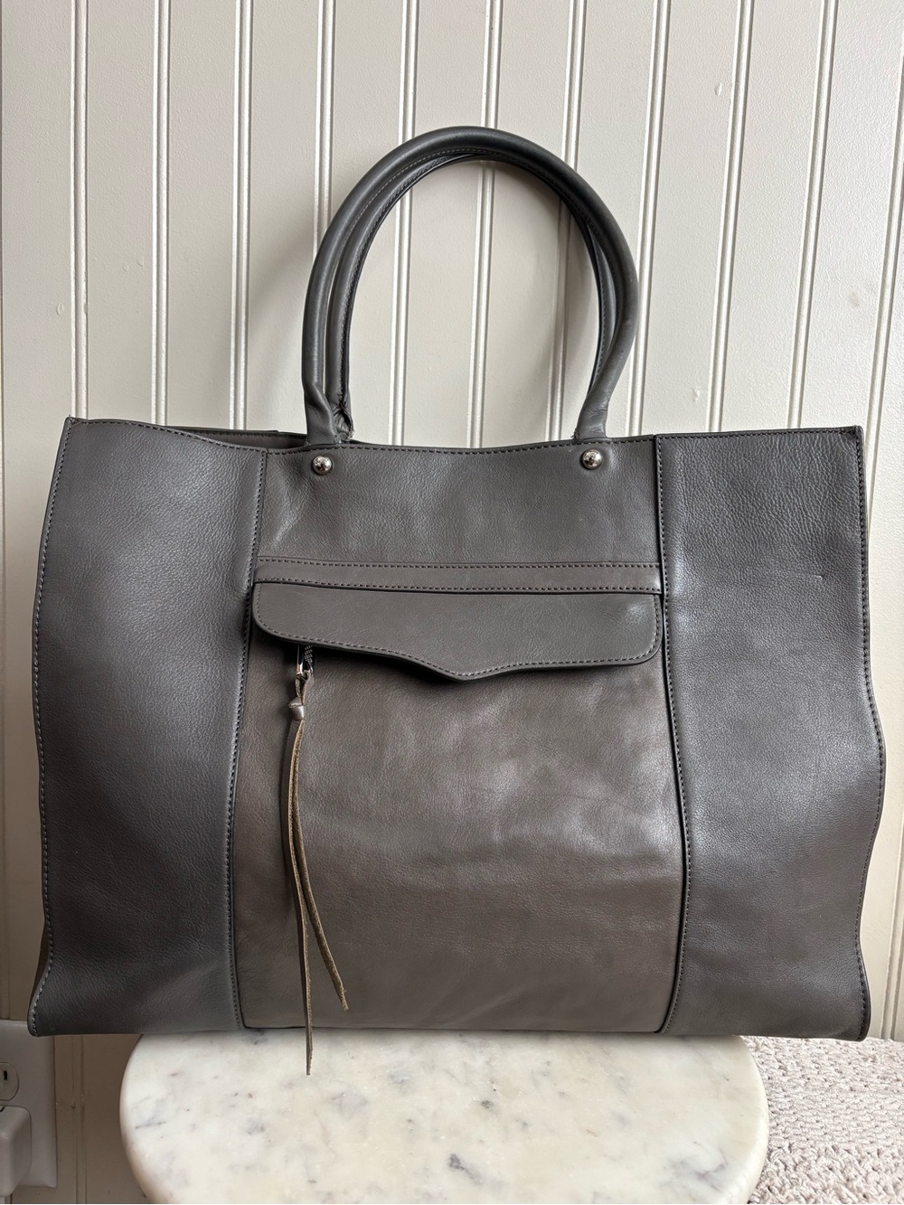 Rebecca Minkoff Large Leather Tote Purse Gray Top Handle M.A.B. Classic Designer